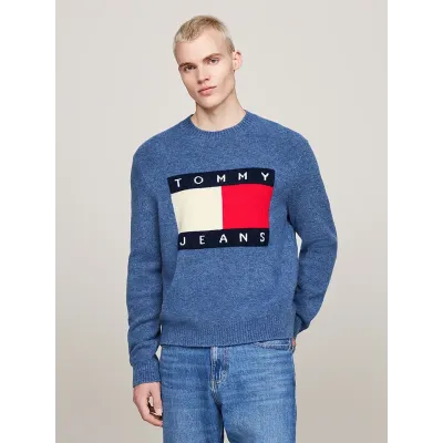 Pull homme Tommy Jeans Melange Flag Knitted Crewneck bleu DM0DM19442-C8T, maille chinée, coupe Regular Fit, col rond.