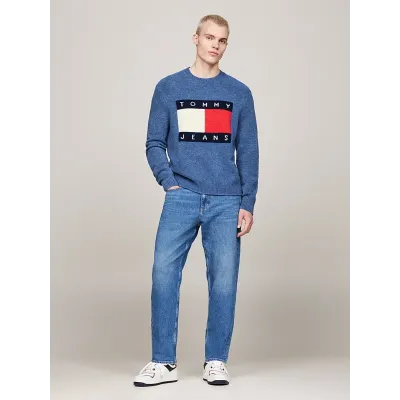 Pull homme Tommy Jeans Melange Flag Knitted Crewneck bleu DM0DM19442-C8T, maille chinée, coupe Regular Fit, col rond.