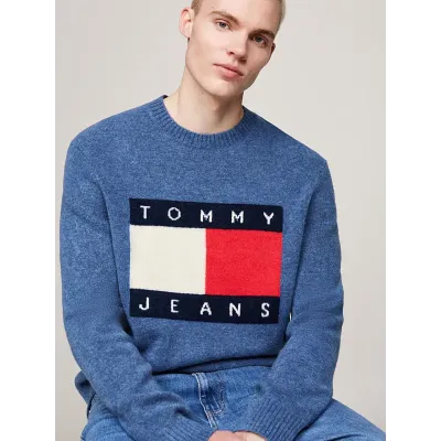 Pull homme Tommy Jeans Melange Flag Knitted Crewneck bleu DM0DM19442-C8T, maille chinée, coupe Regular Fit, col rond.