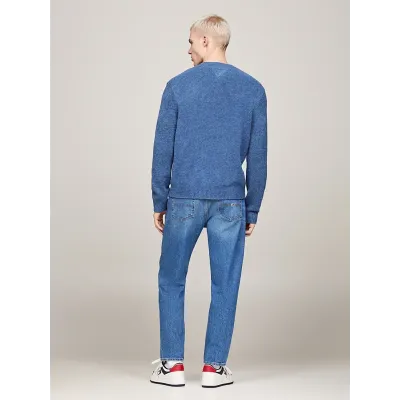 Pull homme Tommy Jeans Melange Flag Knitted Crewneck bleu DM0DM19442-C8T, maille chinée, coupe Regular Fit, col rond.