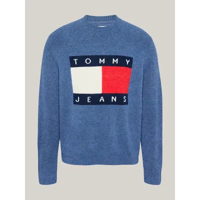 Pull homme Tommy Jeans Melange Flag Knitted Crewneck bleu DM0DM19442-C8T, maille chinée, coupe Regular Fit, col rond.