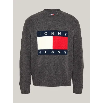 Pull homme Tommy Jeans Melange Flag Knitted Crewneck gris DM0DM19442-PUB, maille chinée, coupe Regular Fit, col rond.