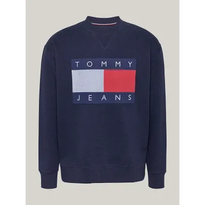 Sweat Tommy Jeans homme bleu marine DM0DM19756-C1G, coupe Relaxed, coton mélangé, col rond et badge Tommy Flag sur la poitrine.