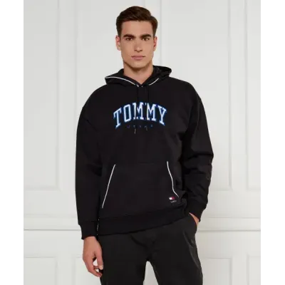 Hoodie Tommy Jeans homme noir RLX Varsity Piping DM0DM19760-BDS, coupe Regular Fit, capuche ajustable, poche kangourou.