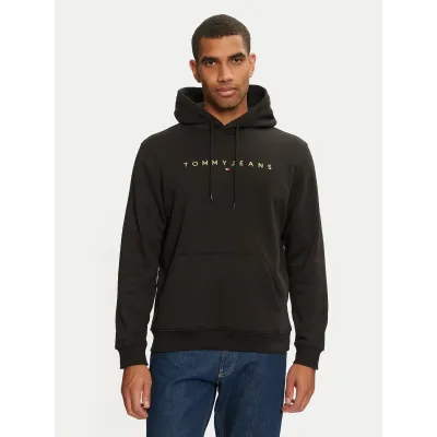 Sweat à capuche Tommy Jeans homme Reg Linear Gold Hood Ext noir DM0DM20503-BDS avec intérieur rembourré et logo brodé