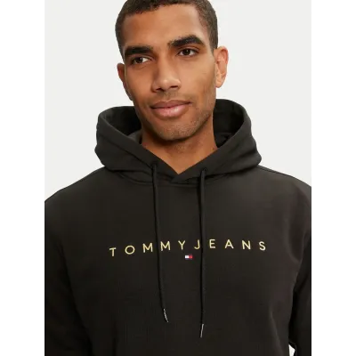 Sweat à capuche Tommy Jeans homme Reg Linear Gold Hood Ext noir DM0DM20503-BDS avec intérieur rembourré et logo brodé