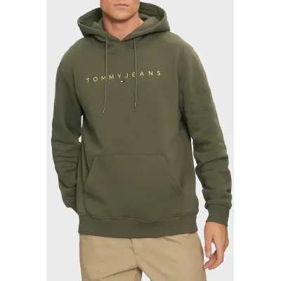Sweat à capuche Tommy Jeans homme Reg Linear Gold Hood Ext kaki DM0DM20503-M12 avec intérieur rembourré et logo brodé