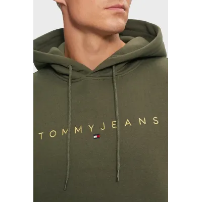 Sweat à capuche Tommy Jeans homme Reg Linear Gold Hood Ext kaki DM0DM20503-M12 avec intérieur rembourré et logo brodé