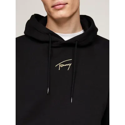 Hoodie Tommy Jeans homme Reg Gold Signature noir DM0DM20507-BDS avec logo signature doré brodé sur la poitrine