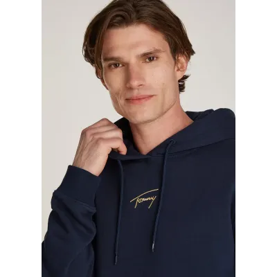 Hoodie Tommy Jeans homme Reg Gold Signature bleu marine DM0DM20507-C1G avec logo signature doré brodé sur la poitrine