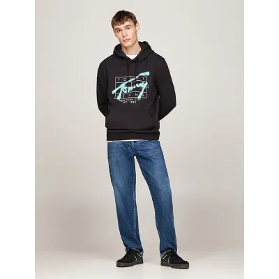 Sweat à capuche Tommy Jeans homme Graphic Regular Fit noir DM0DM20593-BDS en coton imprimé avec poche kangourou