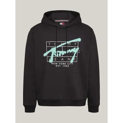Sweat à capuche Tommy Jeans homme Graphic Regular Fit noir DM0DM20593-BDS en coton imprimé avec poche kangourou
