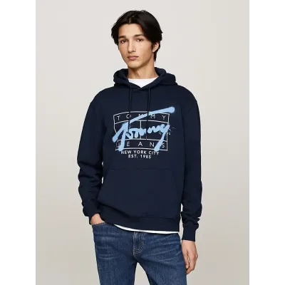 Sweat à capuche Tommy Jeans homme Graphic Regular Fit bleu marine DM0DM20593-C1G en coton imprimé avec poche kangourou