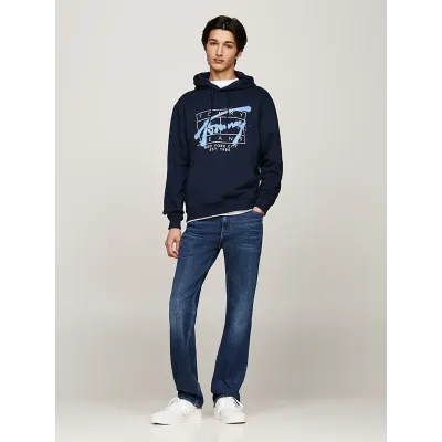 Sweat à capuche Tommy Jeans homme Graphic Regular Fit bleu marine DM0DM20593-C1G en coton imprimé avec poche kangourou