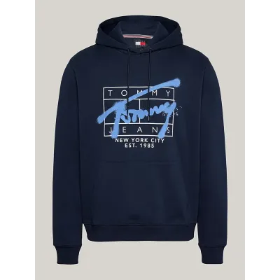 Sweat à capuche Tommy Jeans homme Graphic Regular Fit bleu marine DM0DM20593-C1G en coton imprimé avec poche kangourou