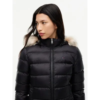 Doudoune Tommy Jeans femme Faux Fur Hood Slim noire DW0DW18312-BDS en duvet de canard avec capuche bordée de fausse fourrure