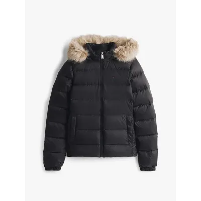 Doudoune Tommy Jeans femme Faux Fur Hood Slim noire DW0DW18312-BDS en duvet de canard avec capuche bordée de fausse fourrure