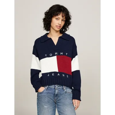 Pull rugby Tommy Jeans femme Pullover Flag Rugby bleu marine DW0DW18677-C1G avec motif color-block et logo brodé