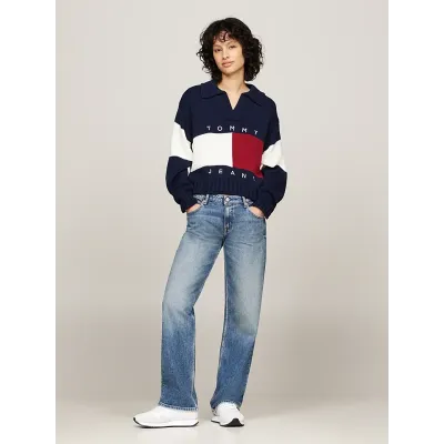 Pull rugby Tommy Jeans femme Pullover Flag Rugby bleu marine DW0DW18677-C1G avec motif color-block et logo brodé