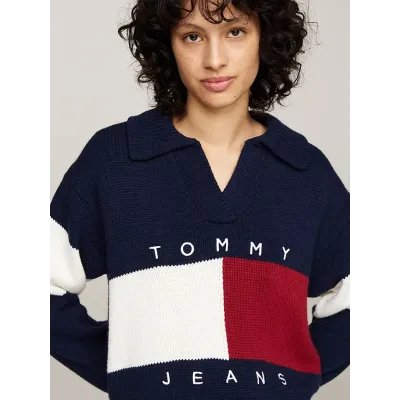 Pull rugby Tommy Jeans femme Pullover Flag Rugby bleu marine DW0DW18677-C1G avec motif color-block et logo brodé