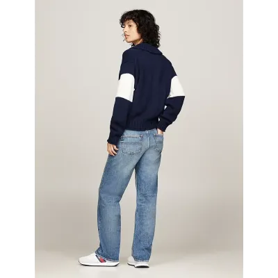 Pull rugby Tommy Jeans femme Pullover Flag Rugby bleu marine DW0DW18677-C1G avec motif color-block et logo brodé