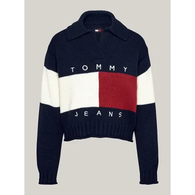 Pull rugby Tommy Jeans femme Pullover Flag Rugby bleu marine DW0DW18677-C1G avec motif color-block et logo brodé