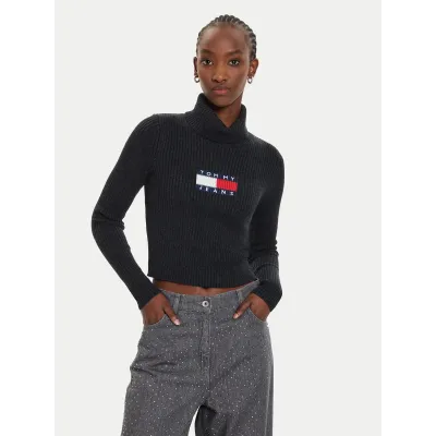 Pull col roulé Tommy Jeans femme Roll Neck Slim gris foncé DW0DW18678-HEV en maille côtelée avec logo intarsia
