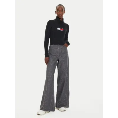Pull col roulé Tommy Jeans femme Roll Neck Slim gris foncé DW0DW18678-HEV en maille côtelée avec logo intarsia