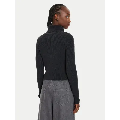 Pull col roulé Tommy Jeans femme Roll Neck Slim gris foncé DW0DW18678-HEV en maille côtelée avec logo intarsia