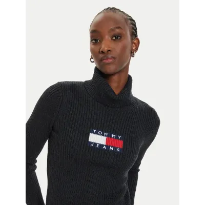 Pull col roulé Tommy Jeans femme Roll Neck Slim gris foncé DW0DW18678-HEV en maille côtelée avec logo intarsia
