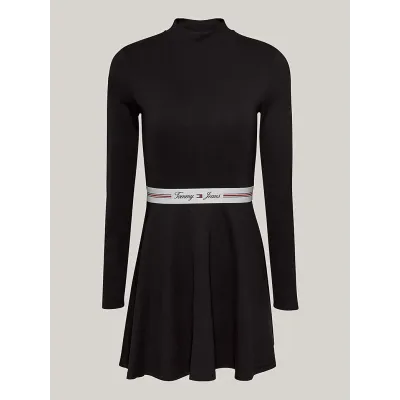 Robe Tommy Jeans femme Taping Mocknck Fit Flare noire DW0DW18723-BDS en maille extensible avec col montant