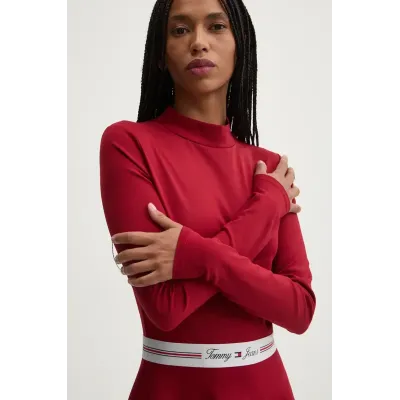 Robe Tommy Jeans femme Taping Mocknck Fit Flare rouge DW0DW18723-XIT en maille extensible avec col montant