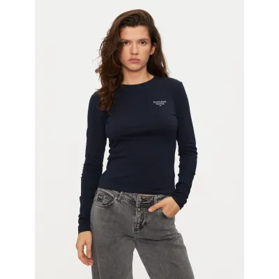 Pull Tommy Jeans femme Slim Essential Logo 2 bleu marine DW0DW18793-C1G en coton avec maille fine extensible