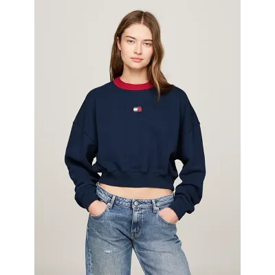 Sweatshirt Tommy Jeans femme bleu marine DW0DW19045-C1G, coupe oversize cropped, col contrasté et badge Tommy sur la poitrine