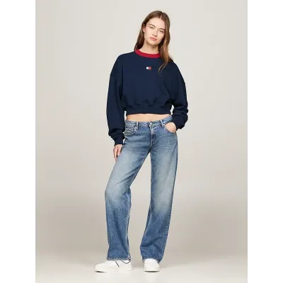 Sweatshirt Tommy Jeans femme bleu marine DW0DW19045-C1G, coupe oversize cropped, col contrasté et badge Tommy sur la poitrine