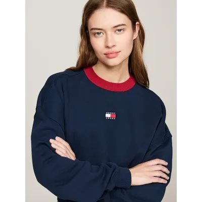 Sweatshirt Tommy Jeans femme bleu marine DW0DW19045-C1G, coupe oversize cropped, col contrasté et badge Tommy sur la poitrine