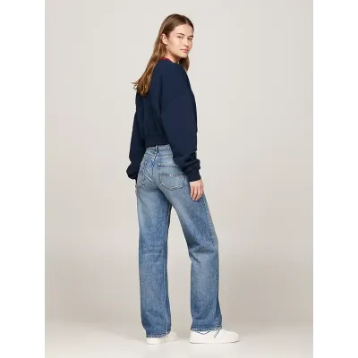 Sweatshirt Tommy Jeans femme bleu marine DW0DW19045-C1G, coupe oversize cropped, col contrasté et badge Tommy sur la poitrine