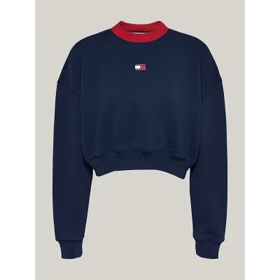 Sweatshirt Tommy Jeans femme bleu marine DW0DW19045-C1G, coupe oversize cropped, col contrasté et badge Tommy sur la poitrine