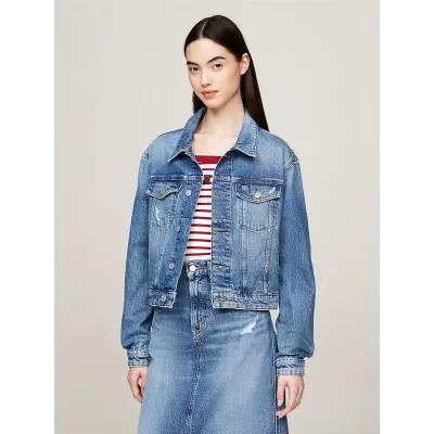 Veste en jean Tommy Hilfiger femme bleue DW0DW19633-1A5, coupe cropped, denim légèrement délavé et poches poitrine