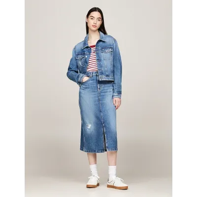 Veste en jean Tommy Hilfiger femme bleue DW0DW19633-1A5, coupe cropped, denim légèrement délavé et poches poitrine