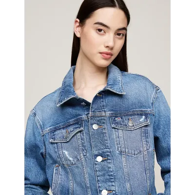 Veste en jean Tommy Hilfiger femme bleue DW0DW19633-1A5, coupe cropped, denim légèrement délavé et poches poitrine