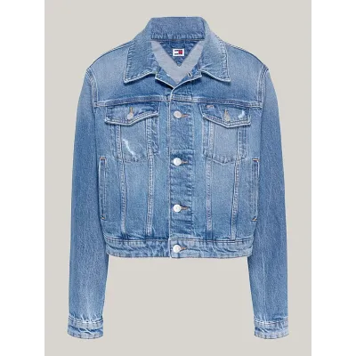 Veste en jean Tommy Hilfiger femme bleue DW0DW19633-1A5, coupe cropped, denim légèrement délavé et poches poitrine