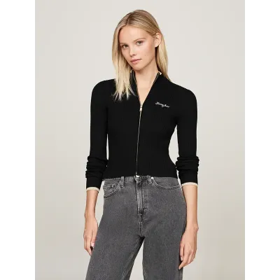 Gilet Tommy Jeans femme noir DW0DW19835-BDS, coupe Slim Fit, maille côtelée et rayures métalliques avec logo brodé