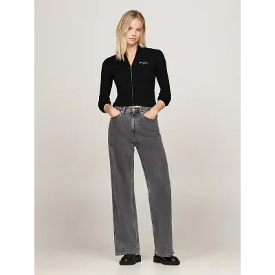 Gilet Tommy Jeans femme noir DW0DW19835-BDS, coupe Slim Fit, maille côtelée et rayures métalliques avec logo brodé
