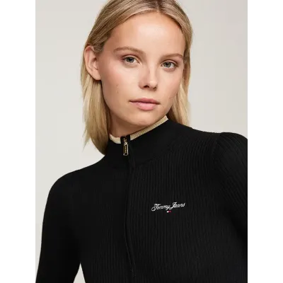 Gilet Tommy Jeans femme noir DW0DW19835-BDS, coupe Slim Fit, maille côtelée et rayures métalliques avec logo brodé