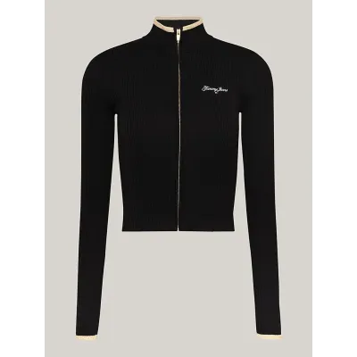 Gilet Tommy Jeans femme noir DW0DW19835-BDS, coupe Slim Fit, maille côtelée et rayures métalliques avec logo brodé