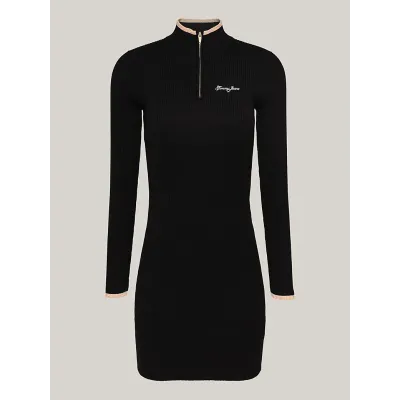 Robe pull Tommy Jeans femme noire DW0DW19836-BDS, rayures métalliques, maille côtelée, manches longues et col zippé