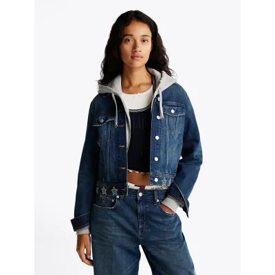 Veste en jean Tommy Jeans femme bleue DW0DW19868-1BK, coupe trucker et détails ornés de pierres sur denim de coton