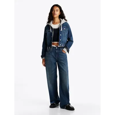 Veste en jean Tommy Jeans femme bleue DW0DW19868-1BK, coupe trucker et détails ornés de pierres sur denim de coton