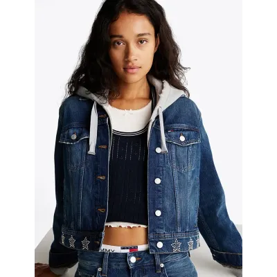 Veste en jean Tommy Jeans femme bleue DW0DW19868-1BK, coupe trucker et détails ornés de pierres sur denim de coton